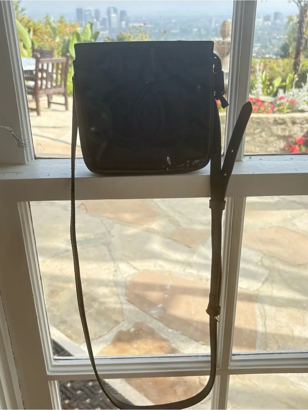 CHANEL Black Patent Leather CC Logo Converted Belt to Crossbody Bag